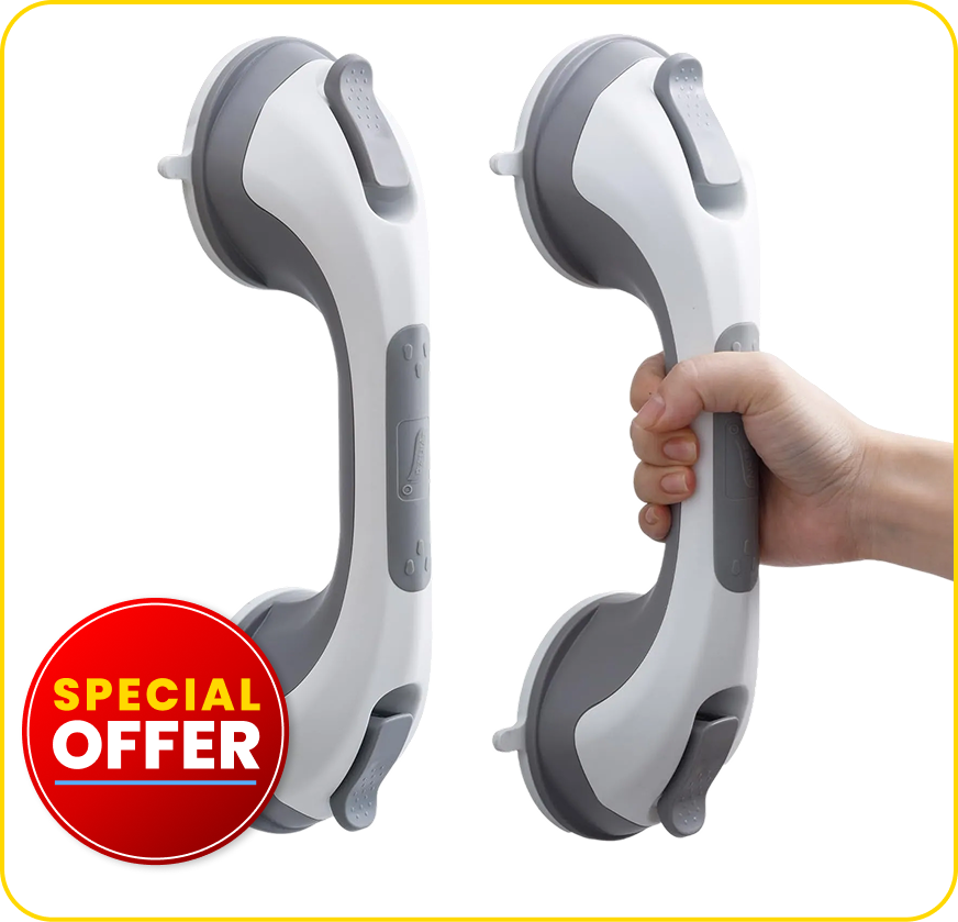 StableGrip no-drill grab bar — two units shown with hand gripping